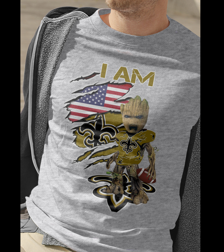 I Am Baby Groot Saints Fleur-De-Lis American Flag Football T-Shirt