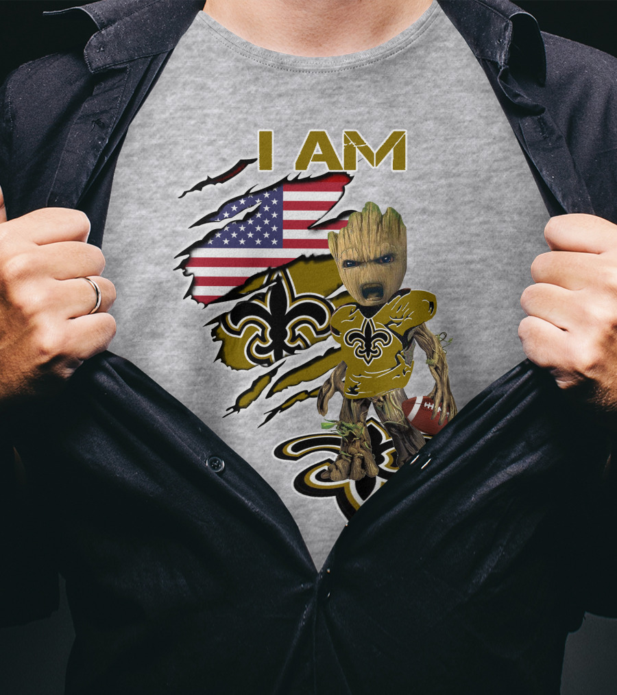 I Am Baby Groot Saints Fleur-De-Lis American Flag Football T-Shirt