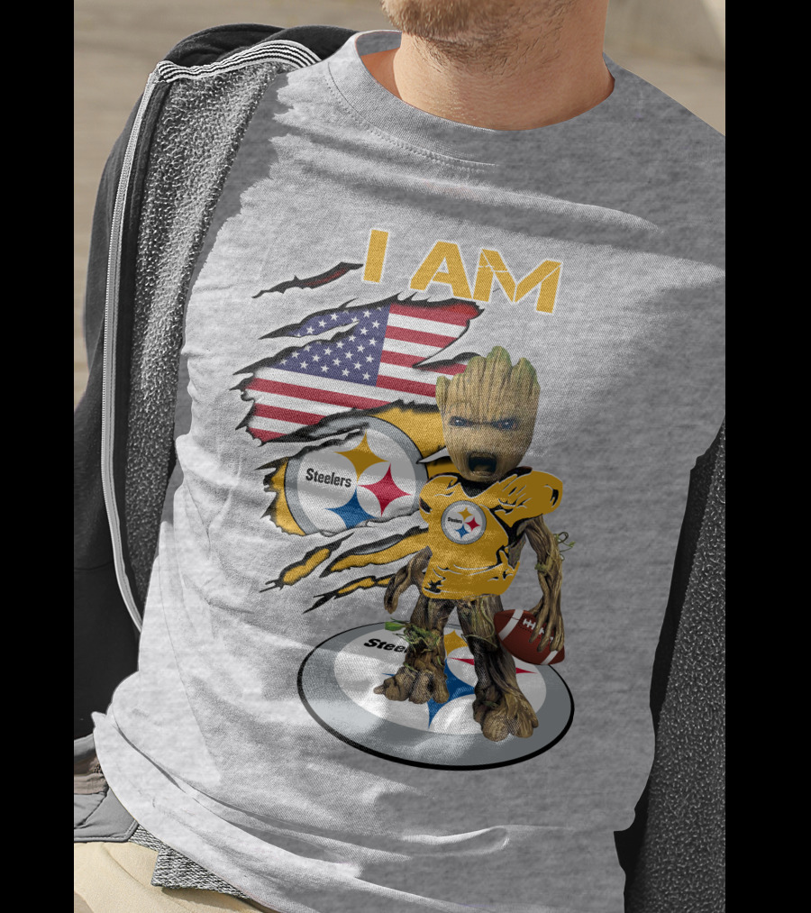 I AM Steelers Baby Groot American Flag Football Fan Gear T-Shirt