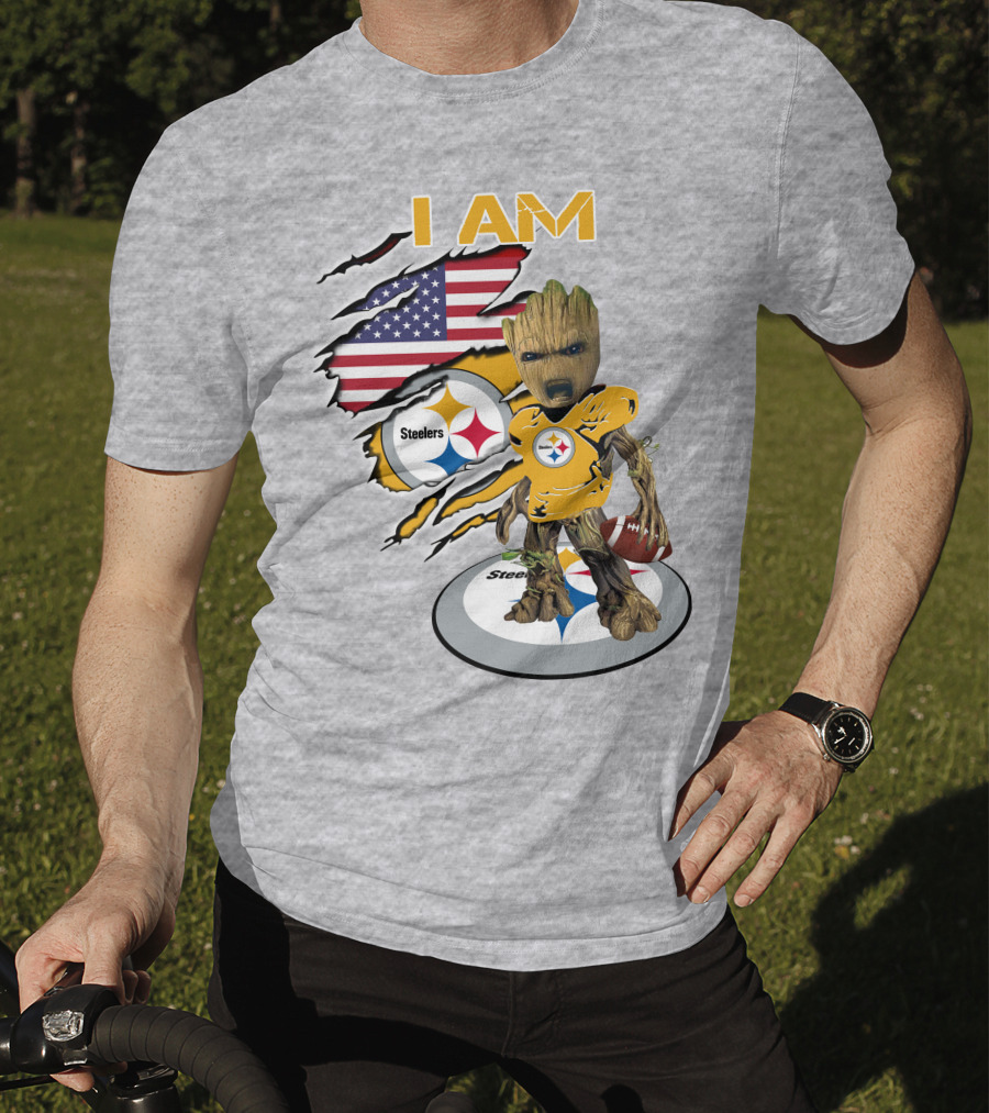 I AM Steelers Baby Groot American Flag Football Fan Gear T-Shirt