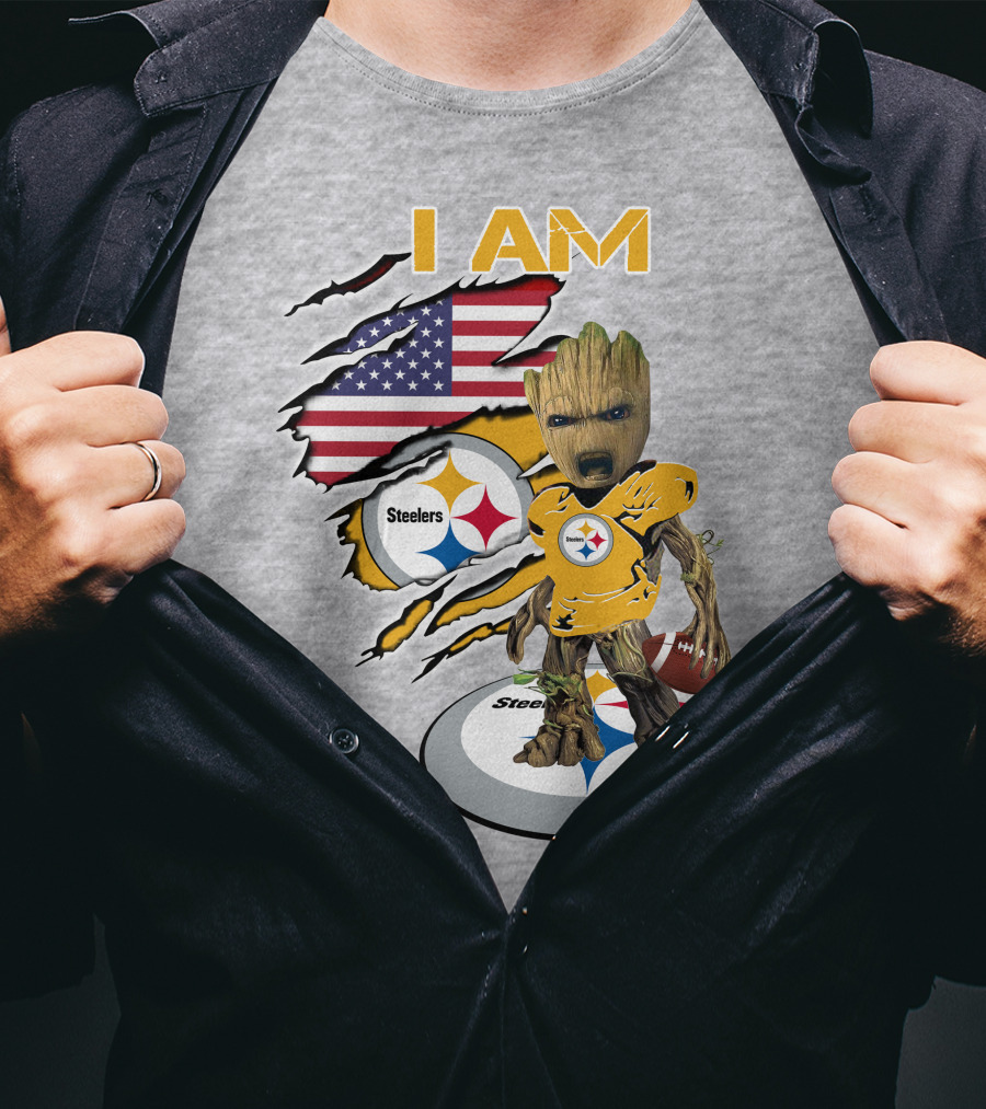 I AM Steelers Baby Groot American Flag Football Fan Gear T-Shirt