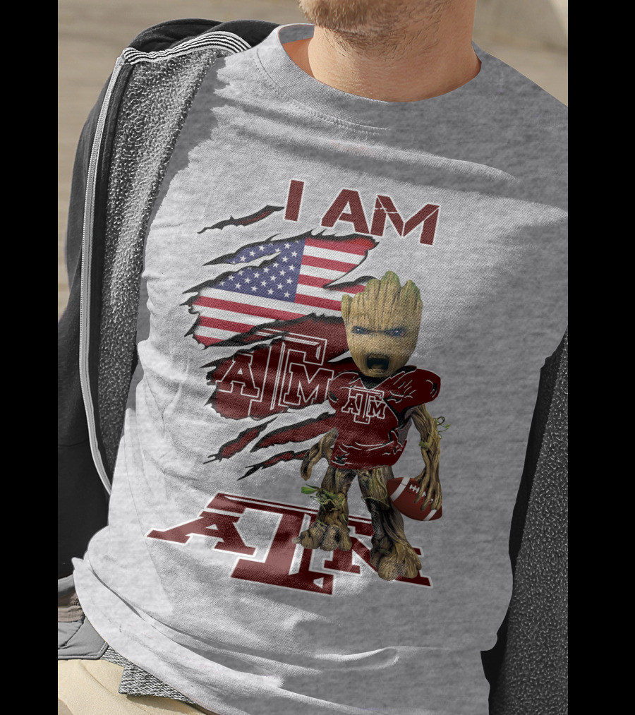 I Am Texas A&M Baby Groot American Flag Football T-Shirt