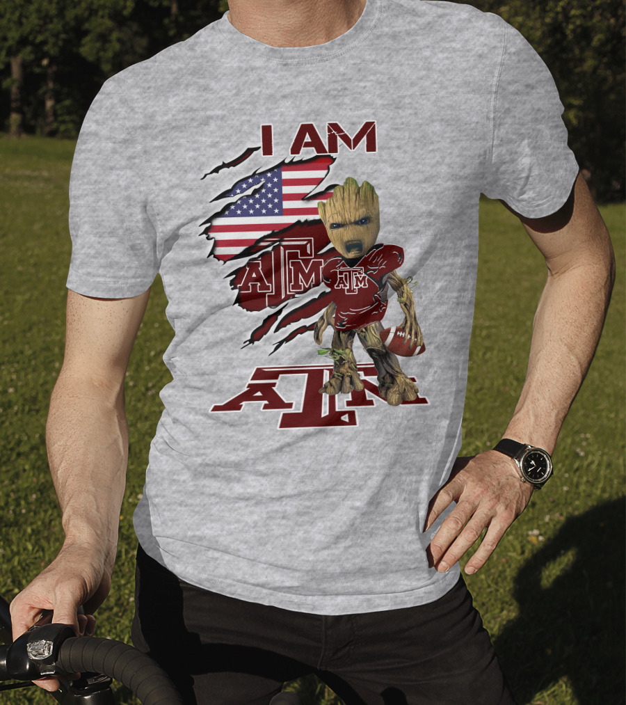 I Am Texas A&M Baby Groot American Flag Football T-Shirt