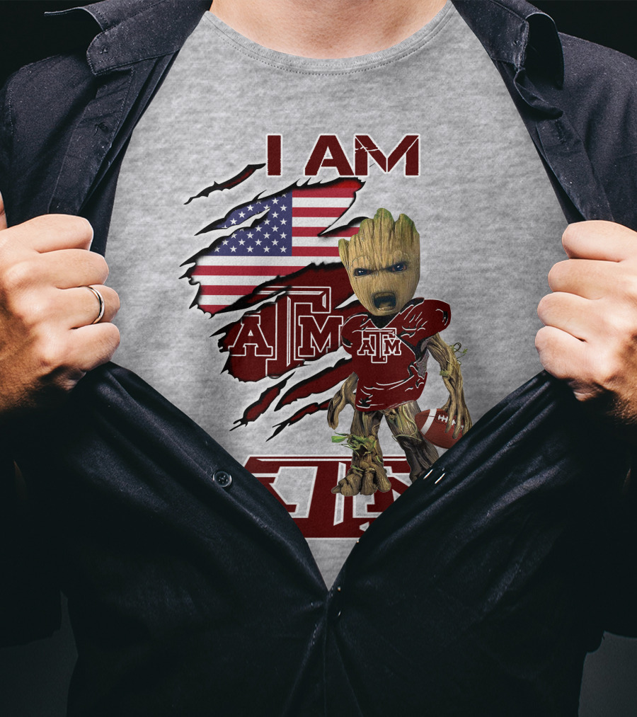 I Am Texas A&M Baby Groot American Flag Football T-Shirt