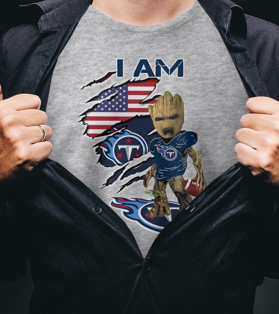 I AM Titans Baby Groot Football USA Flag T-Shirt