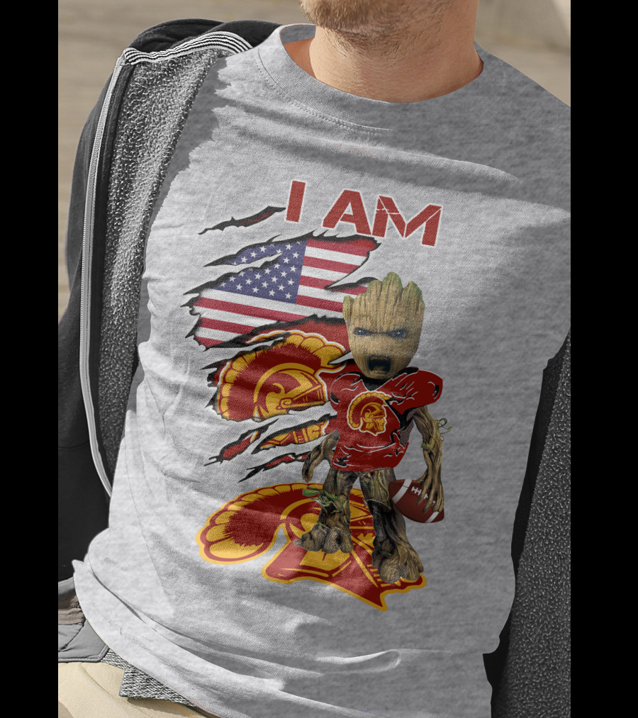 I AM Trojans Baby Groot Football American Flag T-Shirt