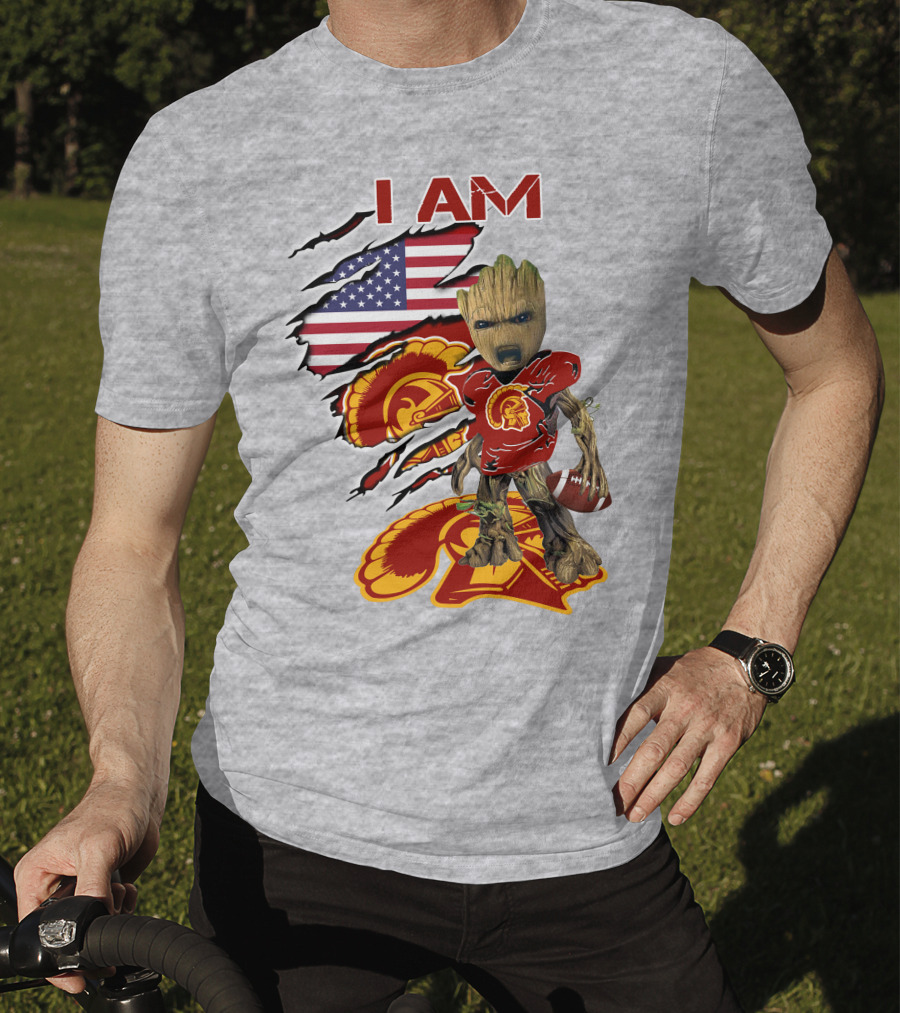 I AM Trojans Baby Groot Football American Flag T-Shirt