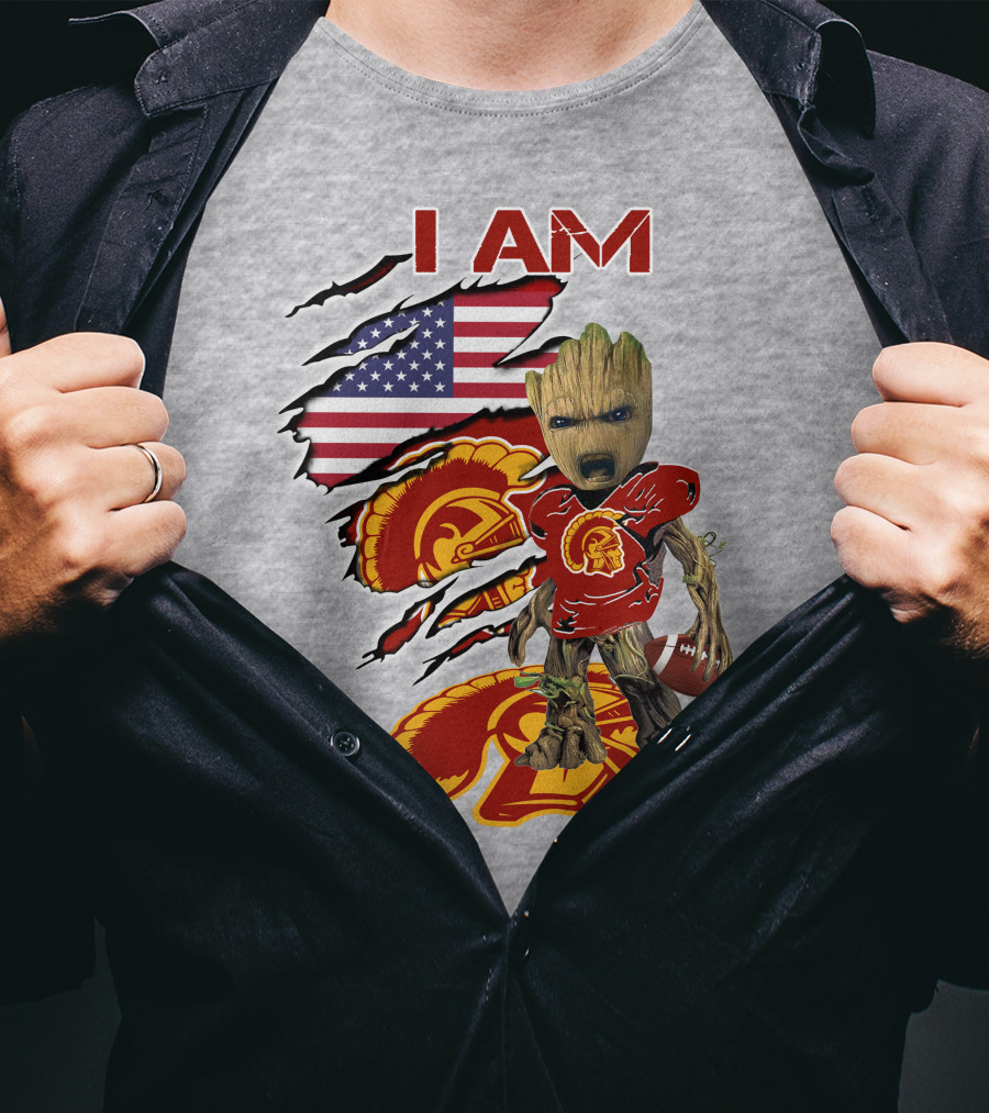 I AM Trojans Baby Groot Football American Flag T-Shirt
