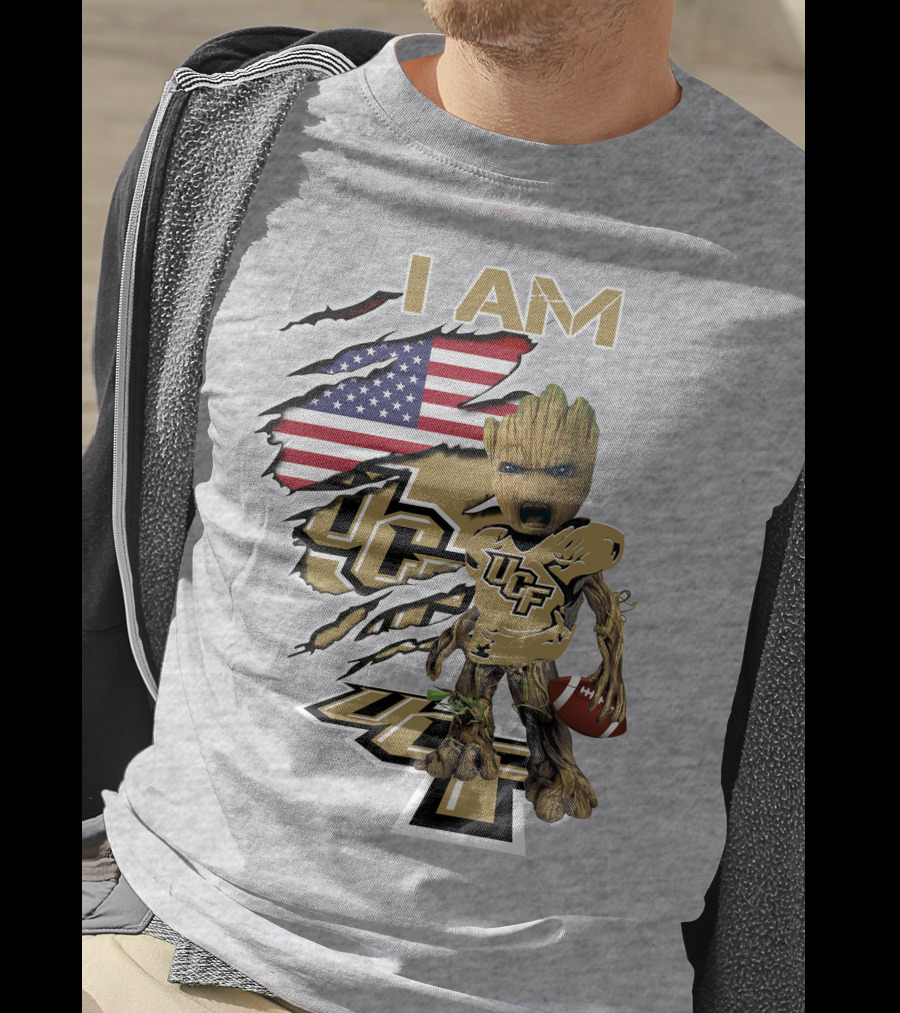 UCF Baby Groot I Am American Flag Football T-Shirt
