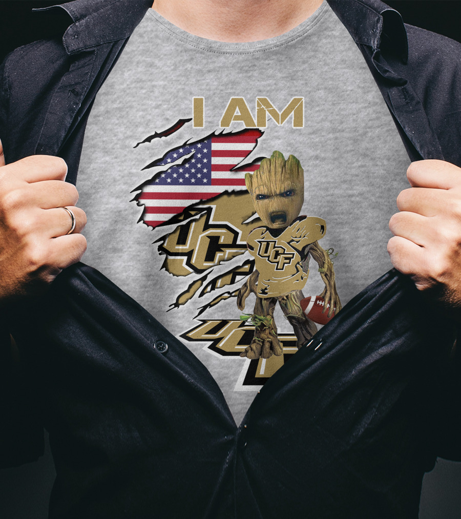 UCF Baby Groot I Am American Flag Football T-Shirt