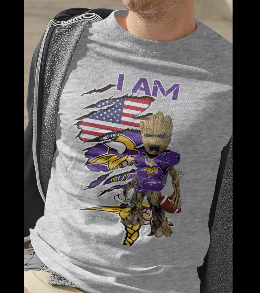 I Am Vikings Baby Groot American Flag Football T-Shirt