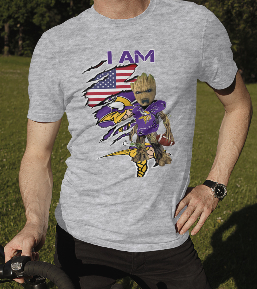 I Am Vikings Baby Groot American Flag Football T-Shirt