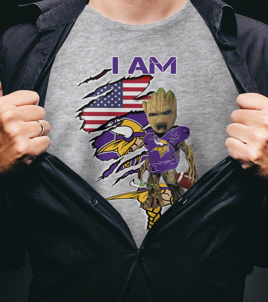 I Am Vikings Baby Groot American Flag Football T-Shirt