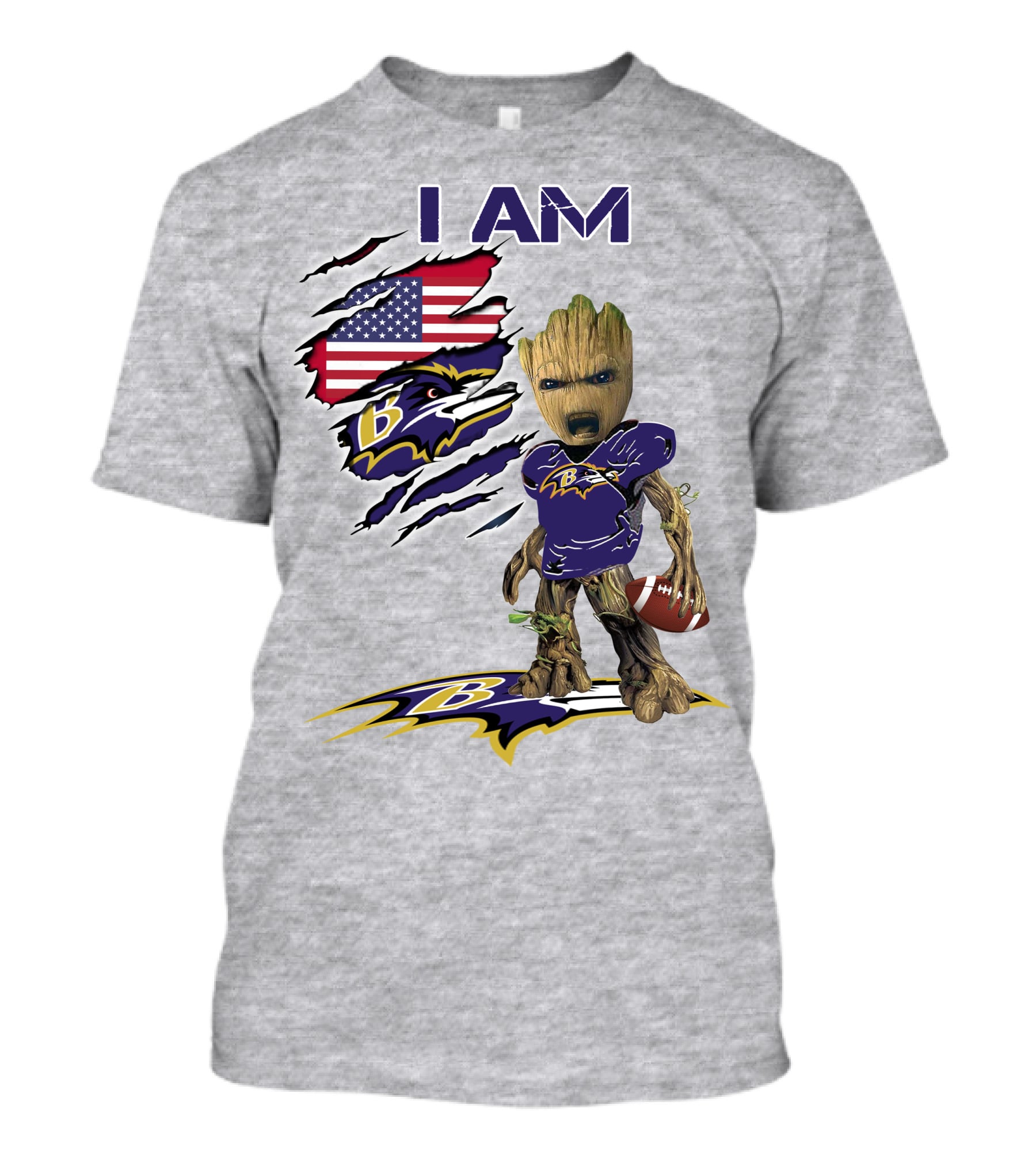 I AM Baltimore Ravens Baby Groot Football USA Flag T-Shirt