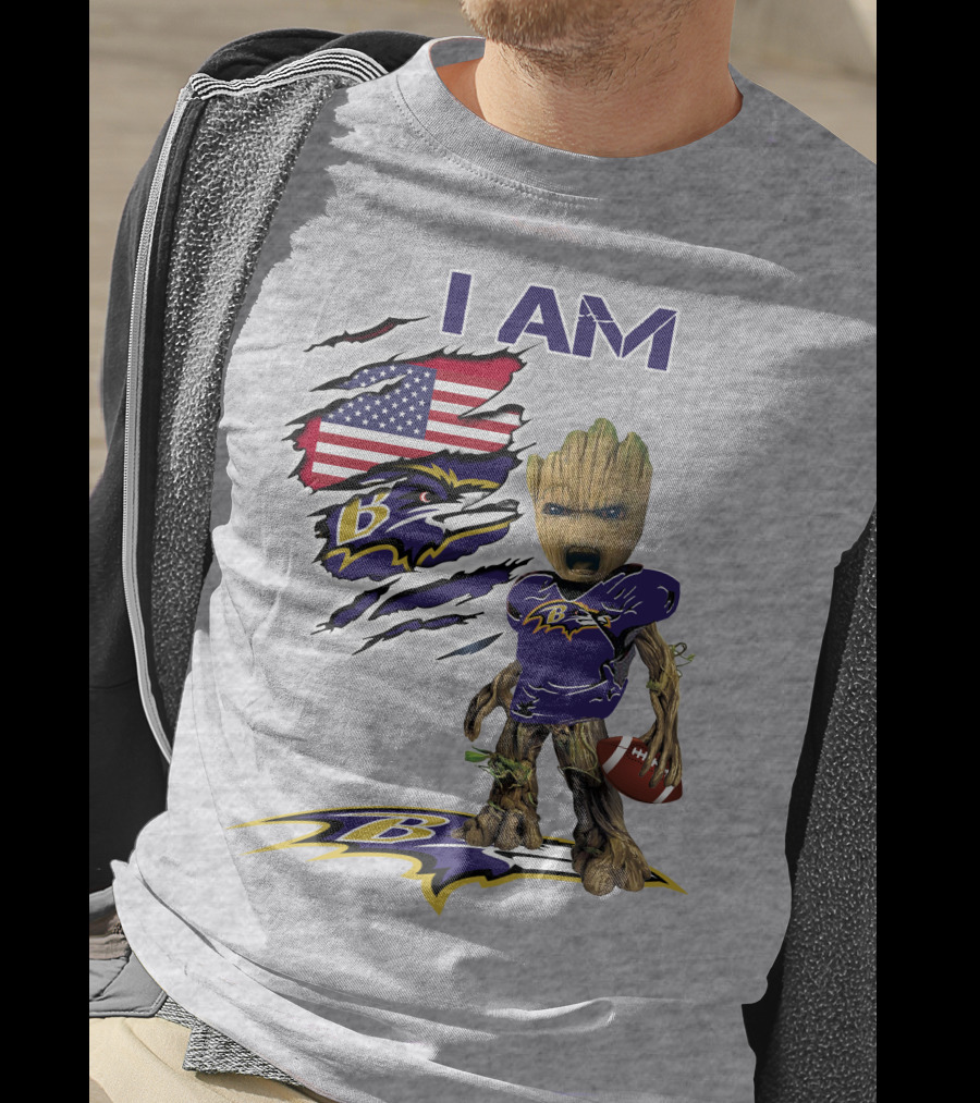 I AM Baltimore Ravens Baby Groot Football USA Flag T-Shirt