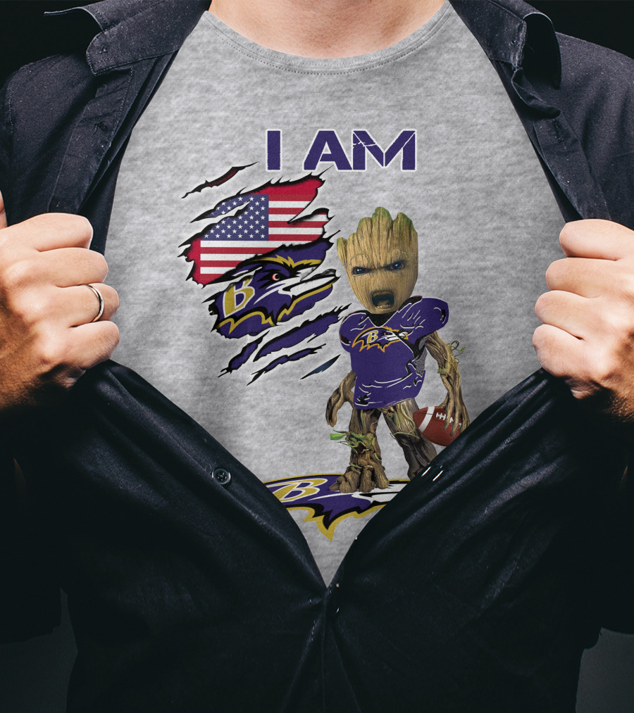 I AM Baltimore Ravens Baby Groot Football USA Flag T-Shirt