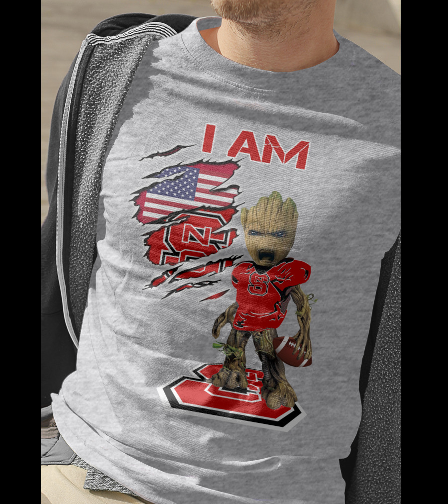 I Am NC State Baby Groot Football USA Flag T-Shirt