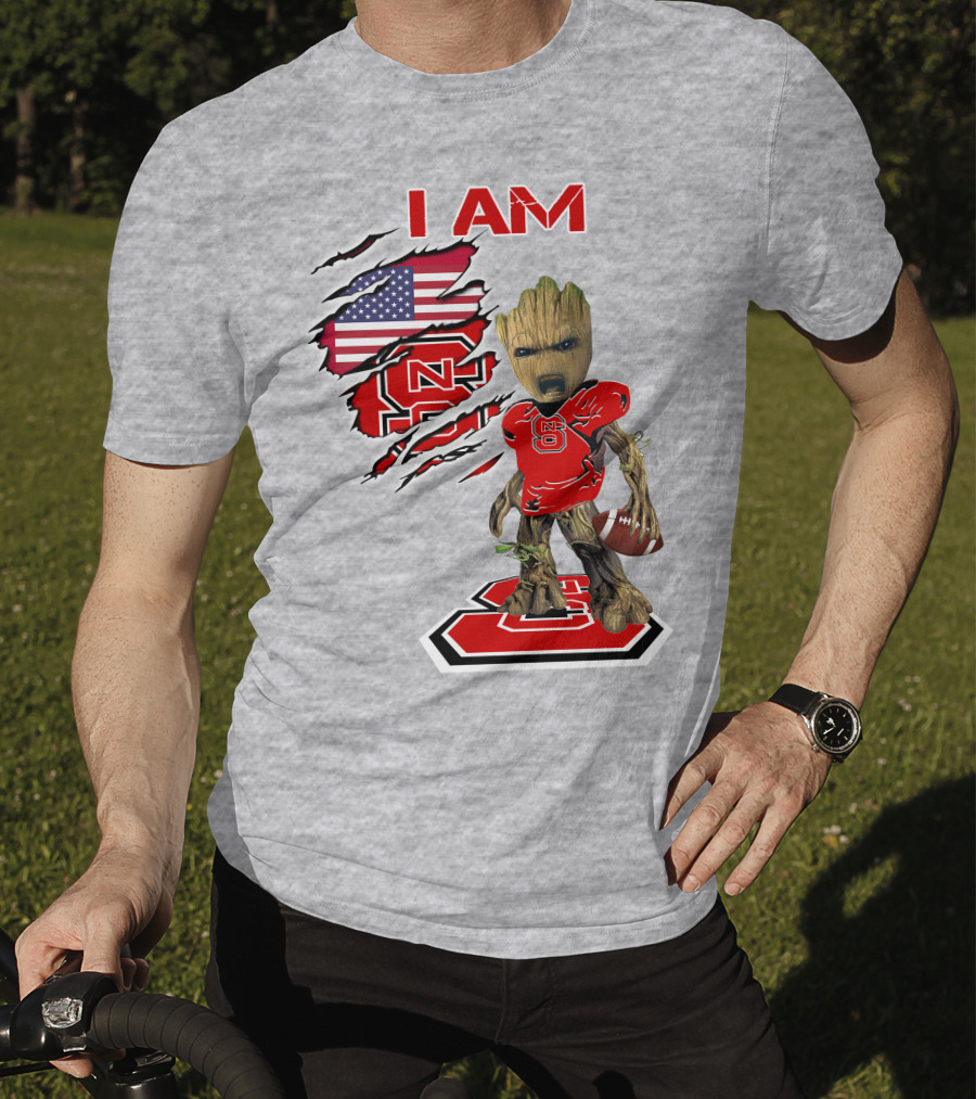 I Am NC State Baby Groot Football USA Flag T-Shirt