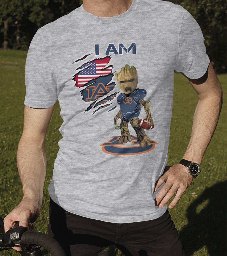 I Am Auburn Baby Groot Football Usa Flag T-Shirt