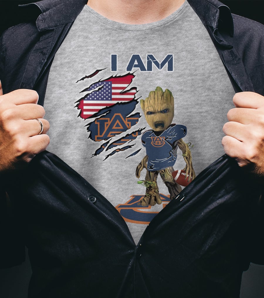 I Am Auburn Baby Groot Football Usa Flag T-Shirt