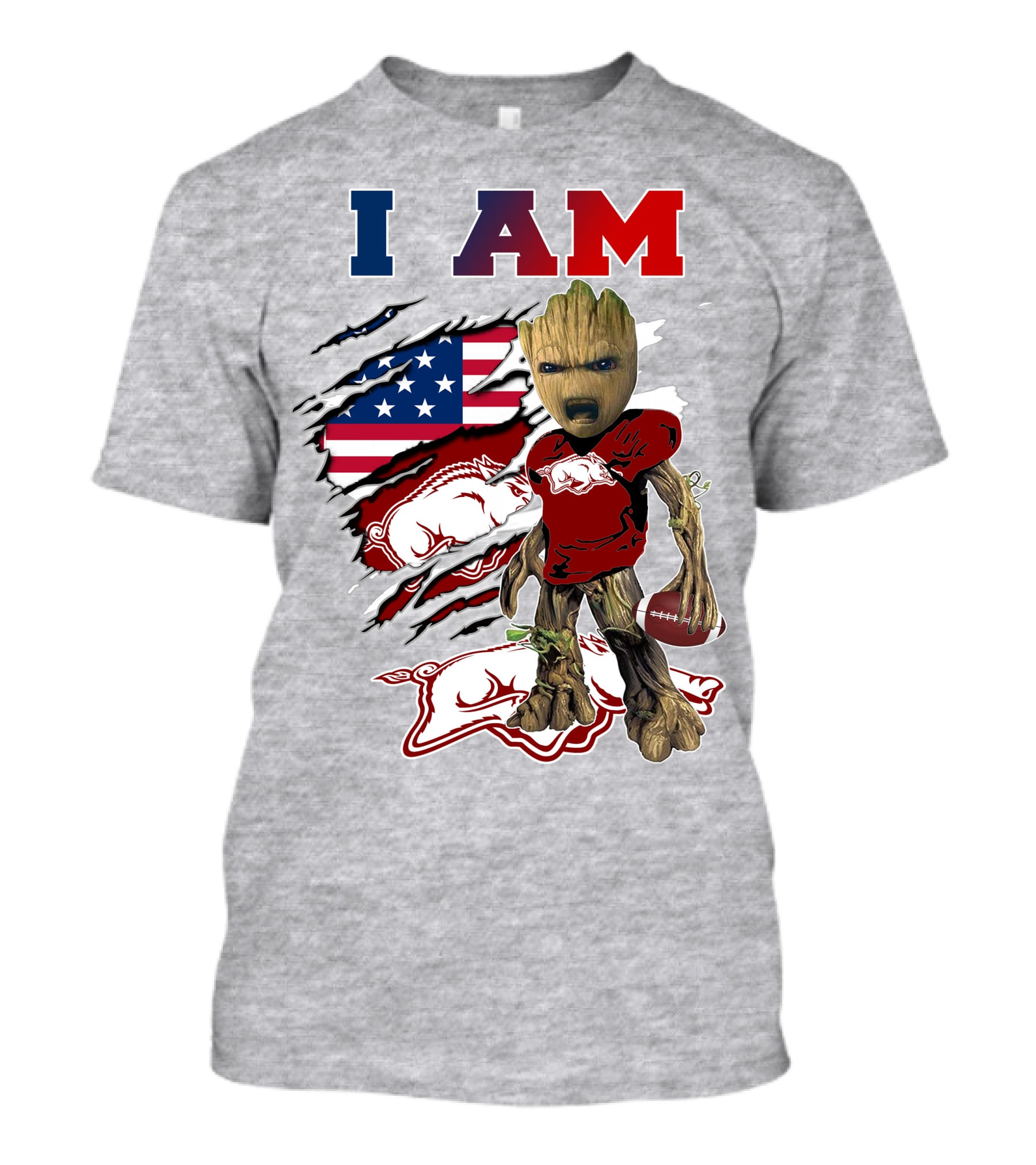 I Am Groot Arkansas Razorbacks Football American Flag T-Shirt