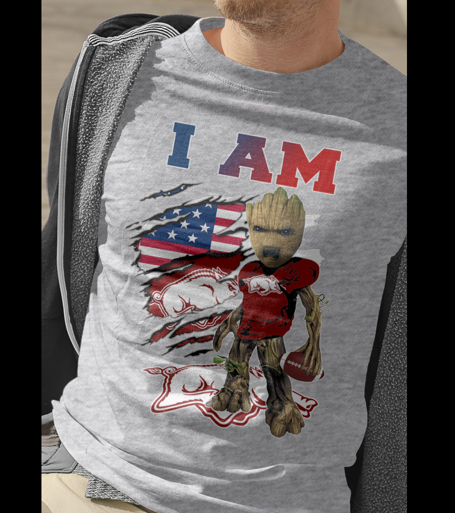 I Am Groot Arkansas Razorbacks Football American Flag T-Shirt
