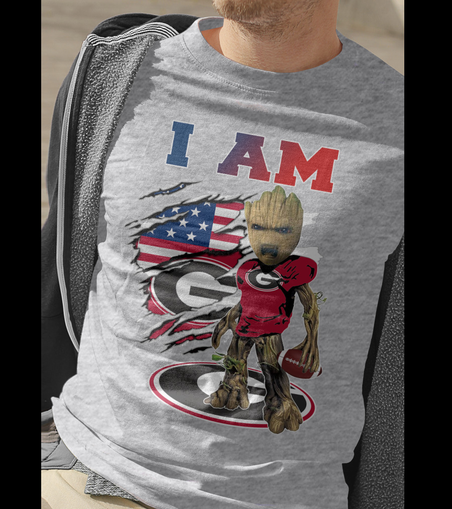 I Am Groot Holding Football Georgia Bulldogs Usa Flag T-Shirt