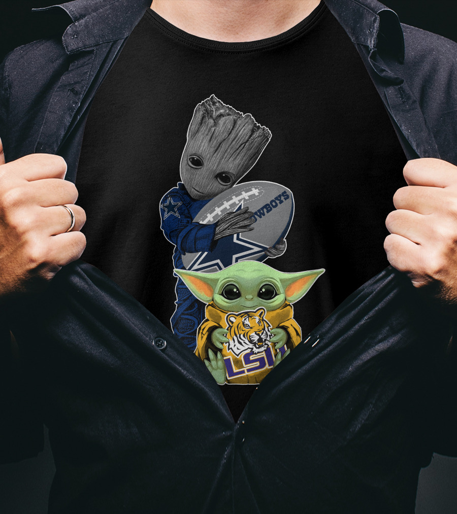 Cowboys Football Groot And Lsu Yoda With Football And Tiger T-Shirt