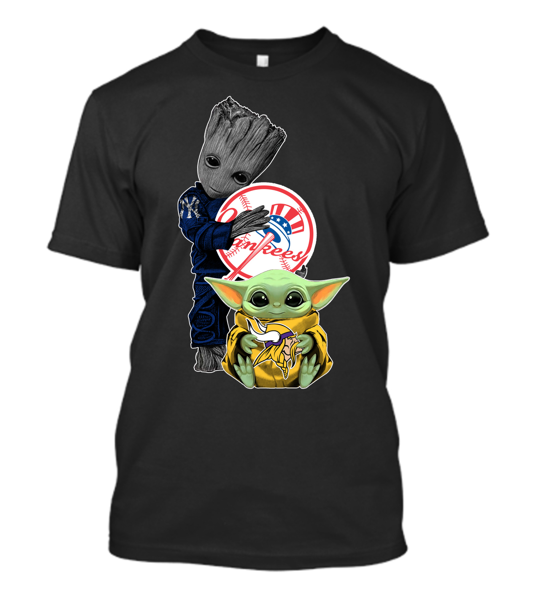 Yankees Baby Yoda With Groot Hugging Baseball T-Shirt