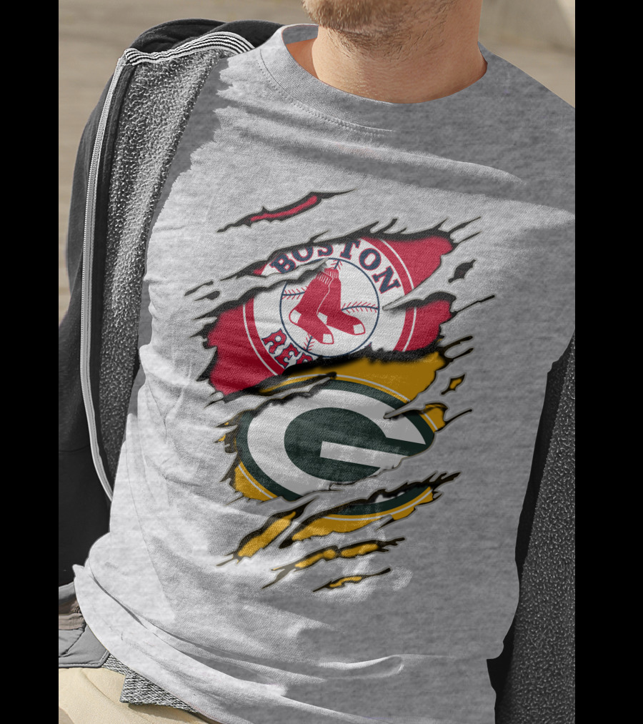Boston Red Sox And Green Bay Packers Logo Torn T-Shirt
