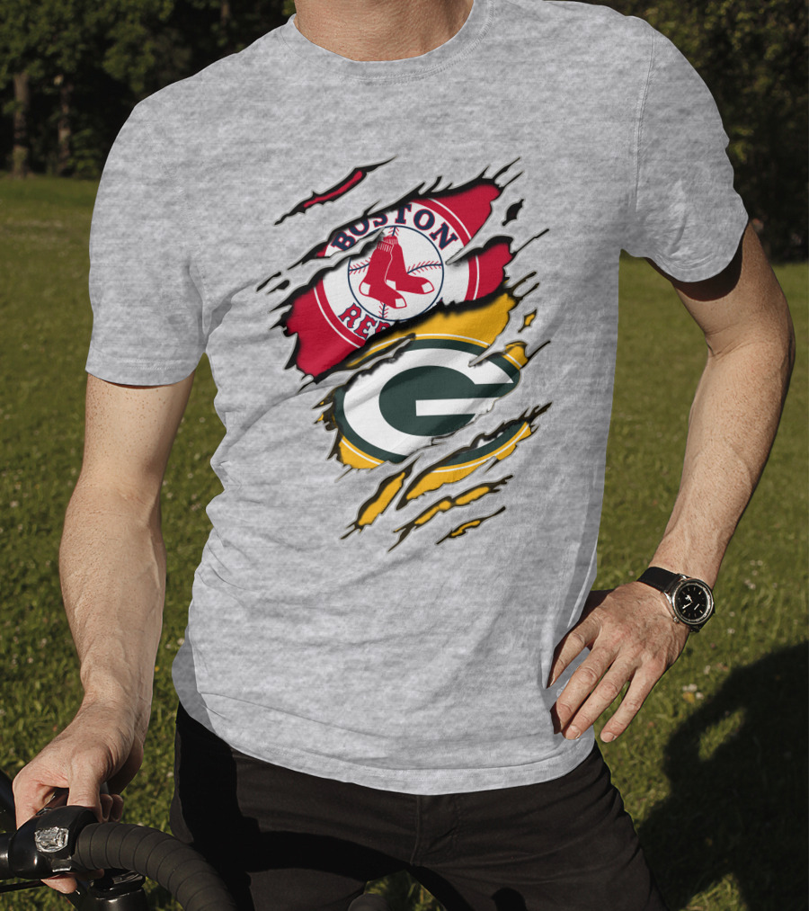 Boston Red Sox And Green Bay Packers Logo Torn T-Shirt