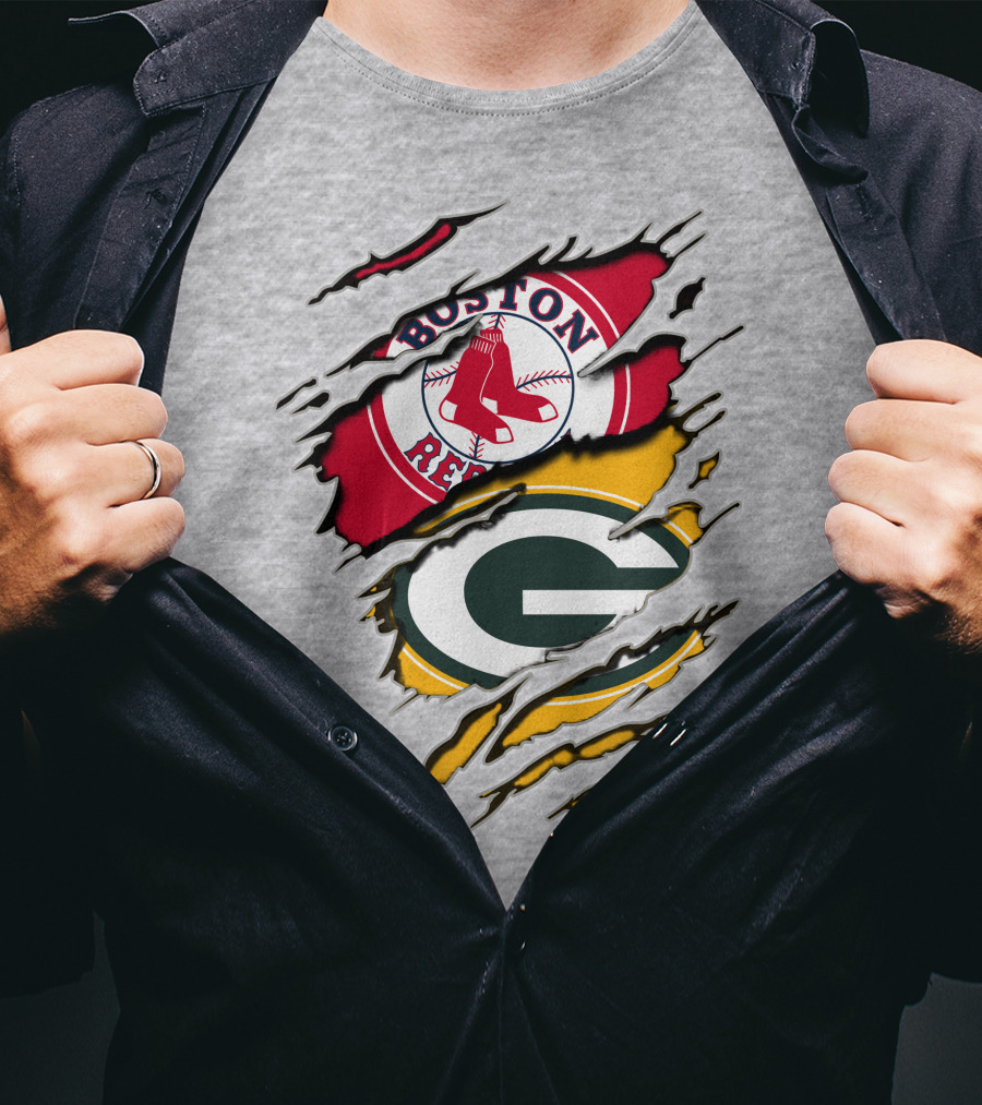 Boston Red Sox And Green Bay Packers Logo Torn T-Shirt