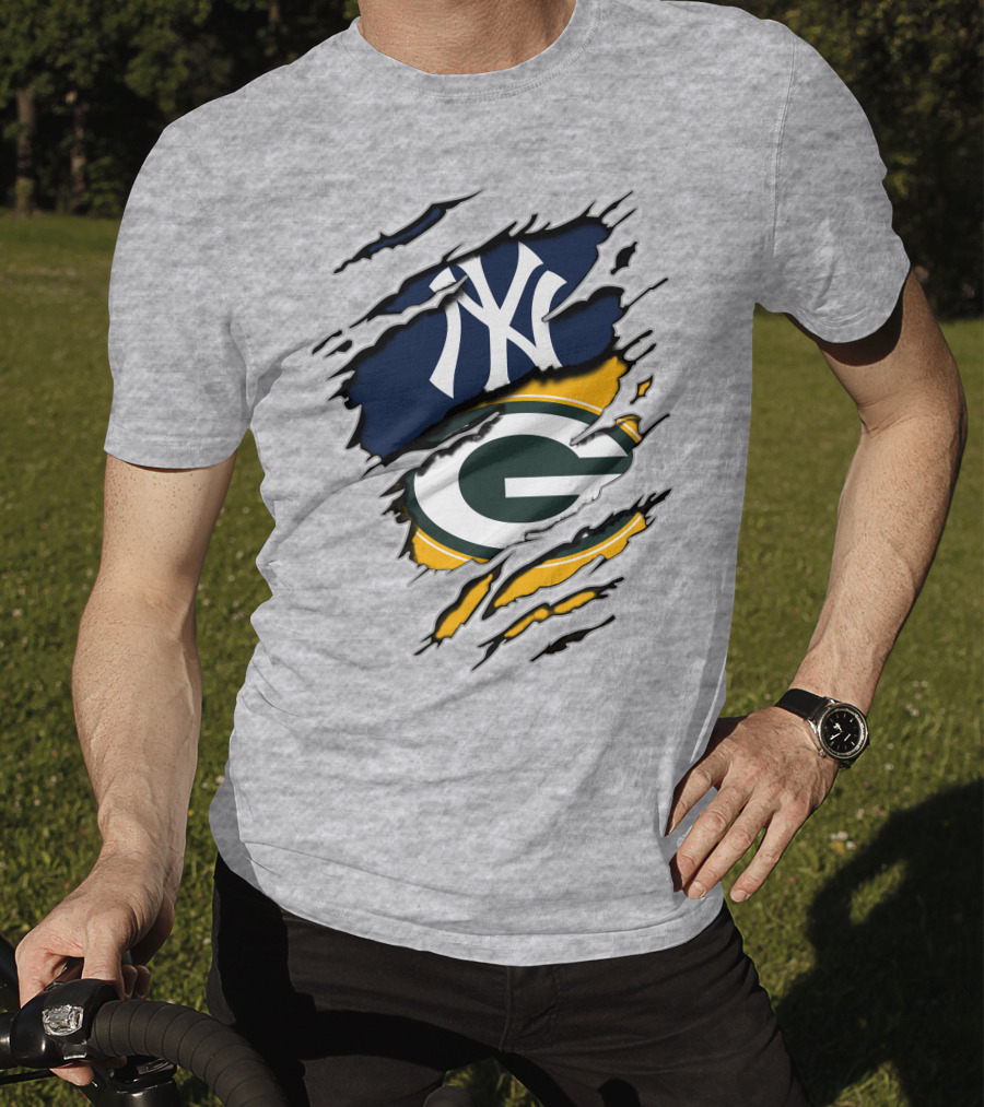 Packers Yankees Dual Logo Fusion With Ripped Effect T-Shirt