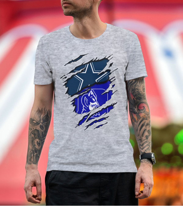 Premium T-Shirt: Dallas Cowboys Star and Duke Blue Devils Logo Fusion T-Shirt Dallas Cowboys Star and Duke Blue Devils Logo Fusion T-Shirt