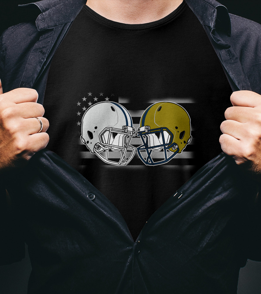 Notre Dame Vs. Penn State Football Helmet Clash With American Flag T-Shirt