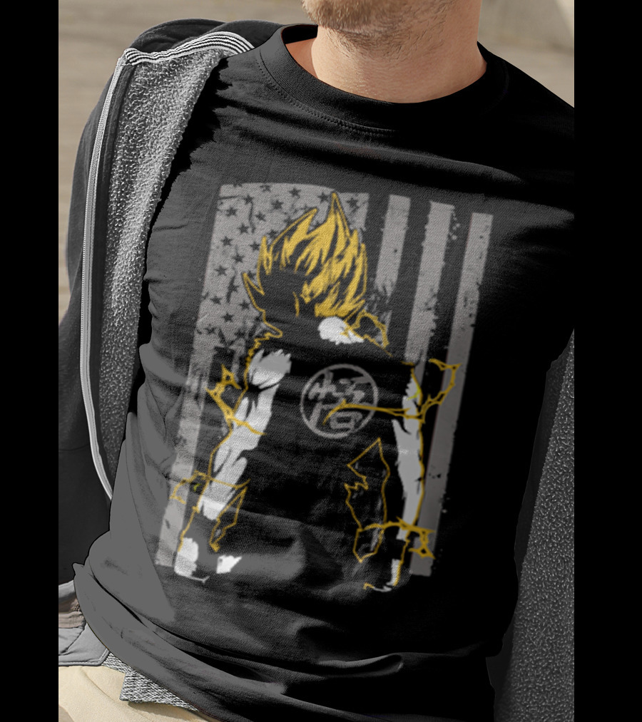Goku Super Saiyan American Flag Dragonball Kanji Lightning T-Shirt
