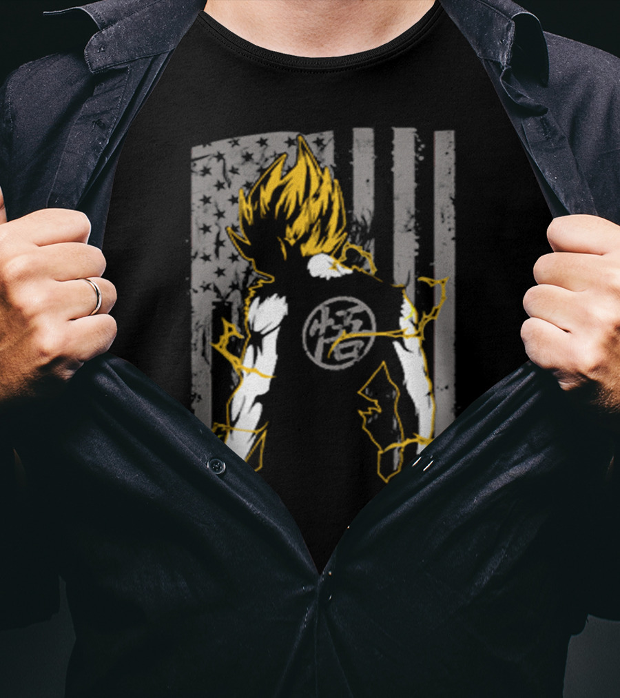 Goku Super Saiyan American Flag Dragonball Kanji Lightning T-Shirt