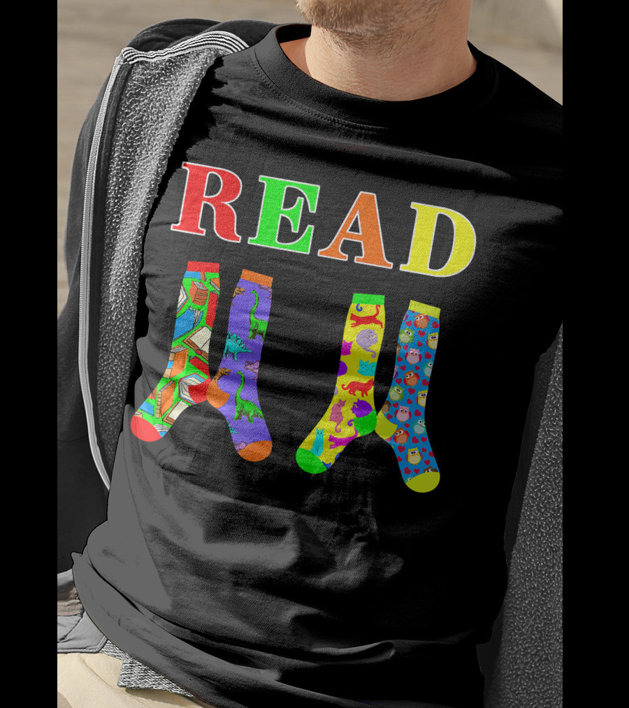 READ Colorful Dinosaur And Owl Books Wacky Socks For Wacky Sock Day T-Shirt