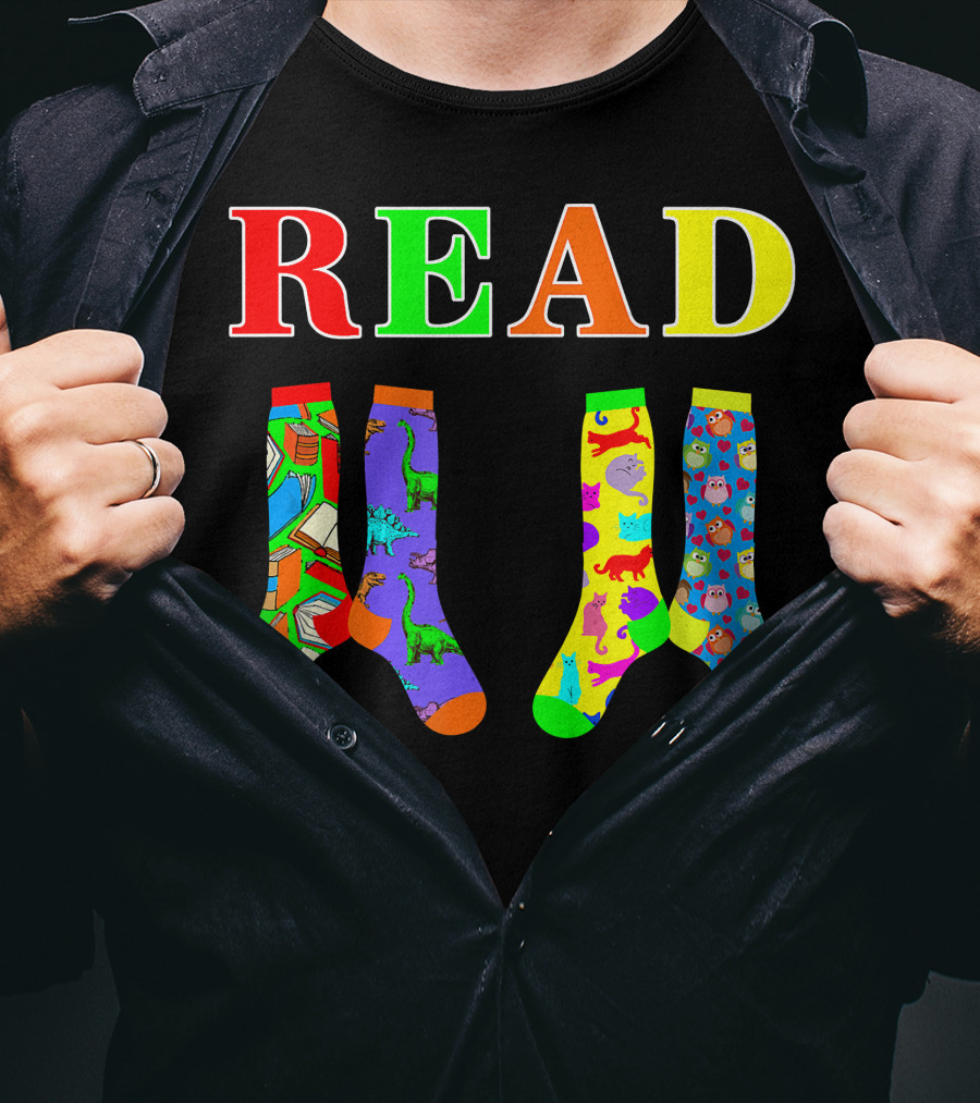 READ Colorful Dinosaur And Owl Books Wacky Socks For Wacky Sock Day T-Shirt