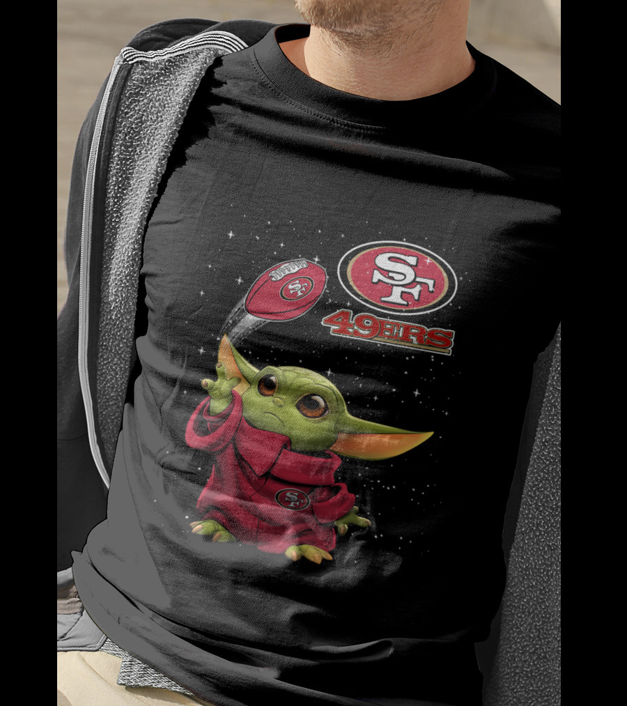 Baby Yoda Throwing San Francisco 49ers Football With SF Logo And Stars T-Shirt