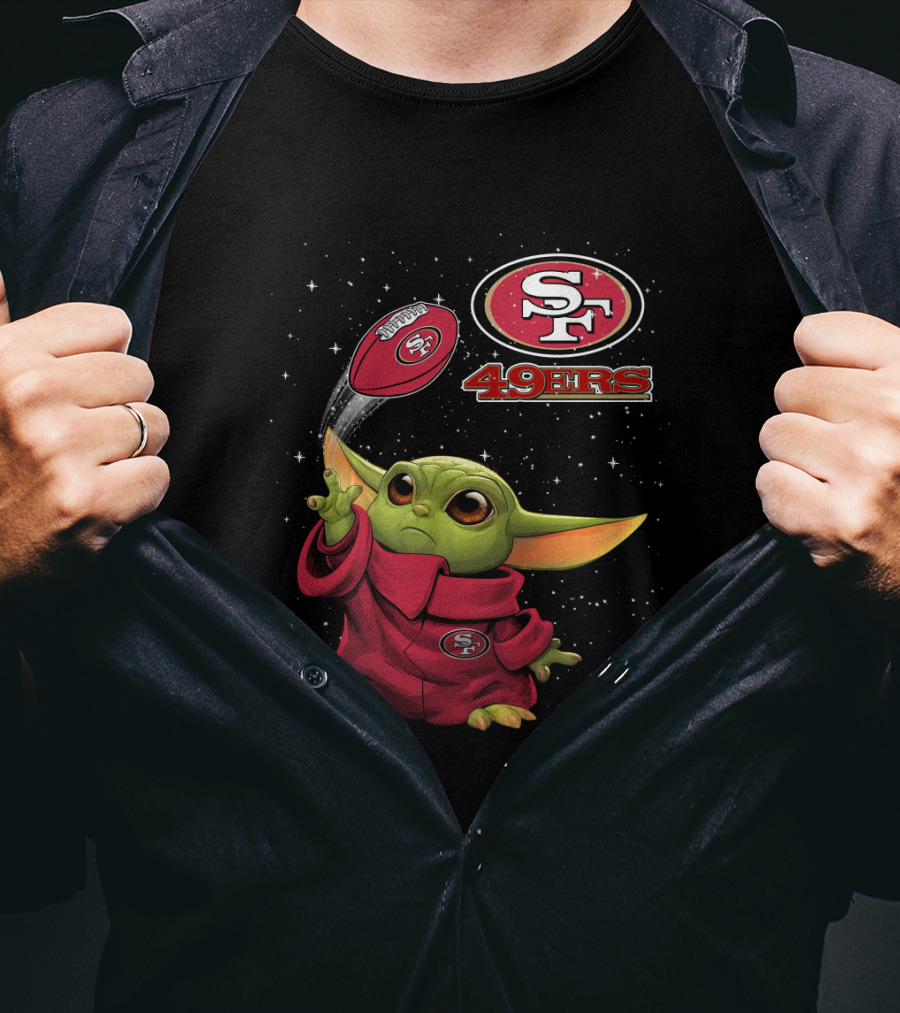 Baby Yoda Throwing San Francisco 49ers Football With SF Logo And Stars T-Shirt