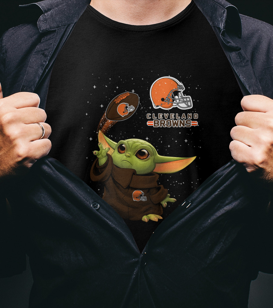 Baby Yoda Cleveland Browns Football Helmet Starry Night T-Shirt