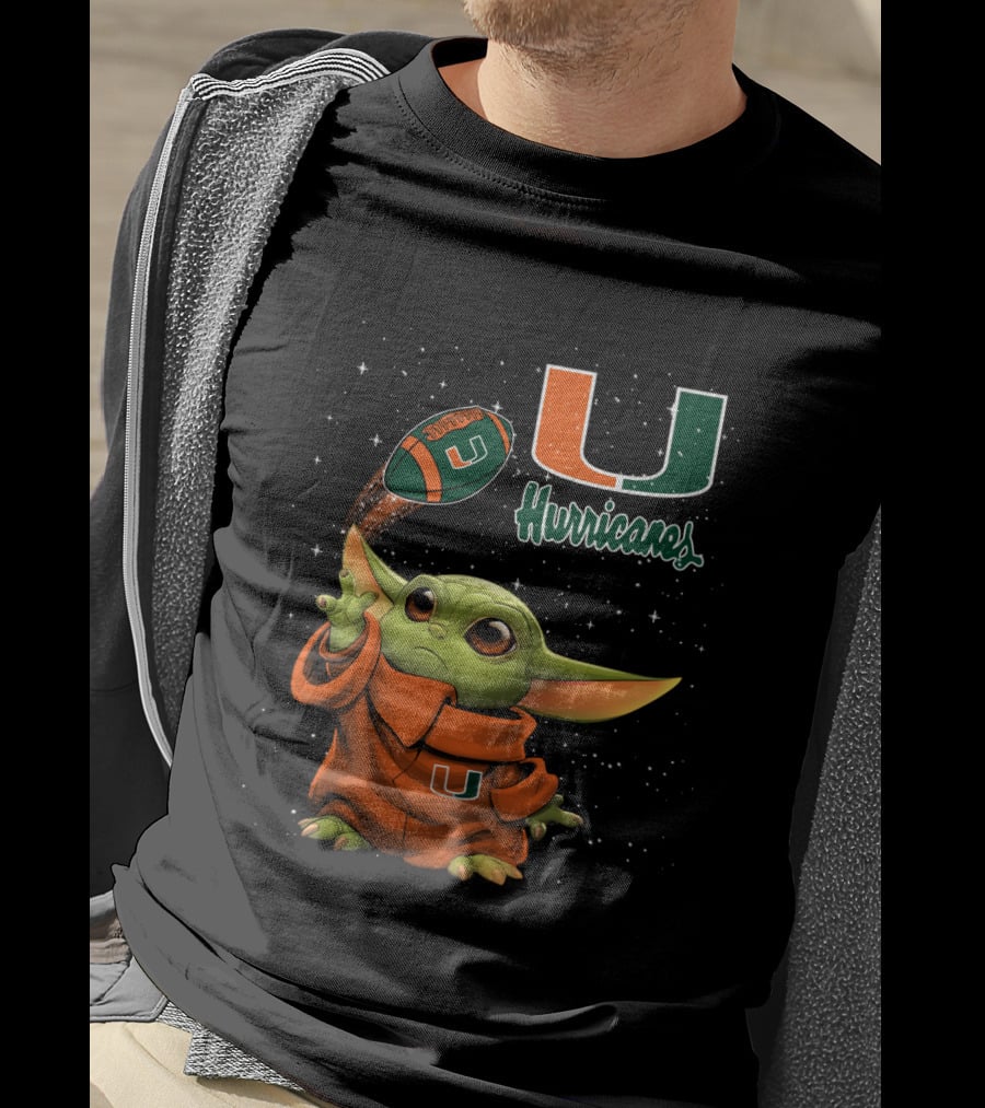 Baby Yoda Miami Hurricanes U Logo Football Starry Background T-Shirt