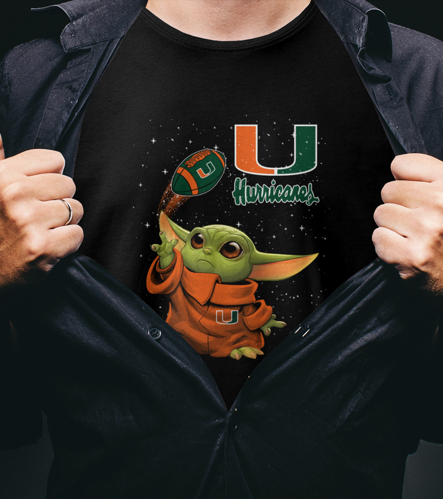 Baby Yoda Miami Hurricanes U Logo Football Starry Background T-Shirt