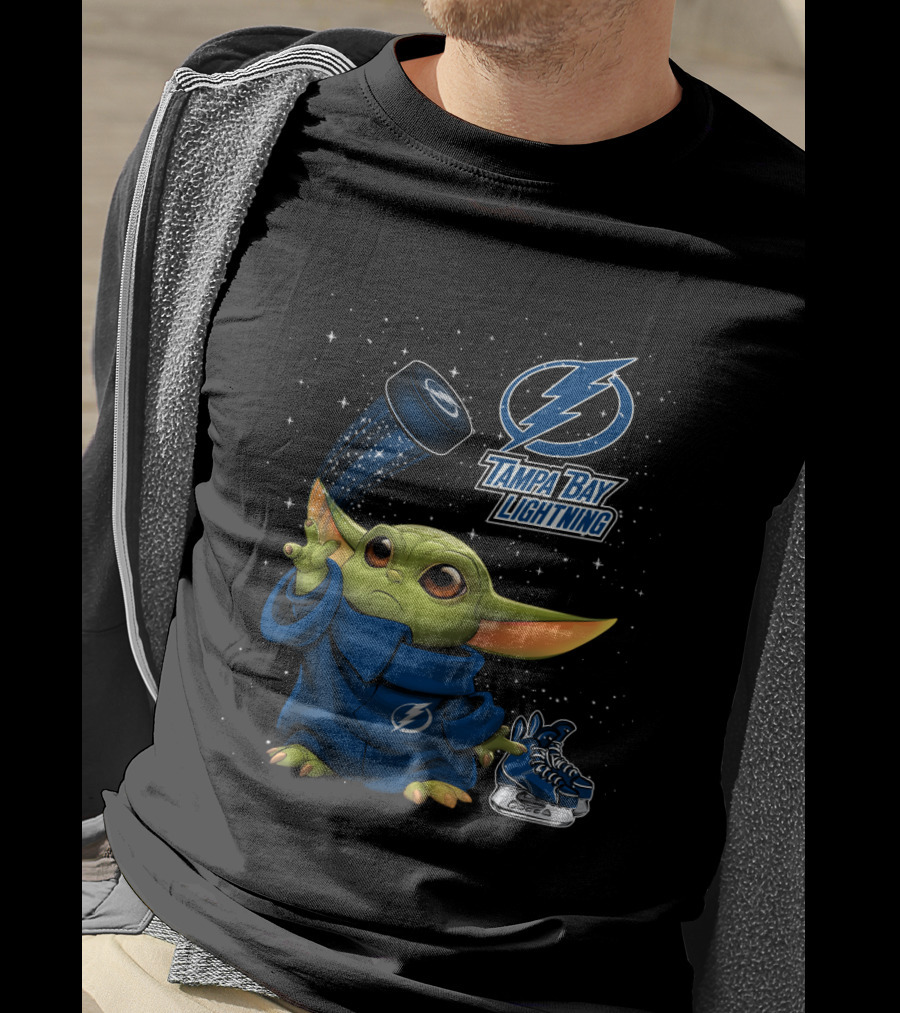 Baby Yoda Tampa Bay Lightning Hockey Fan Art Grogu Jedi Force Skating Puck T-Shirt