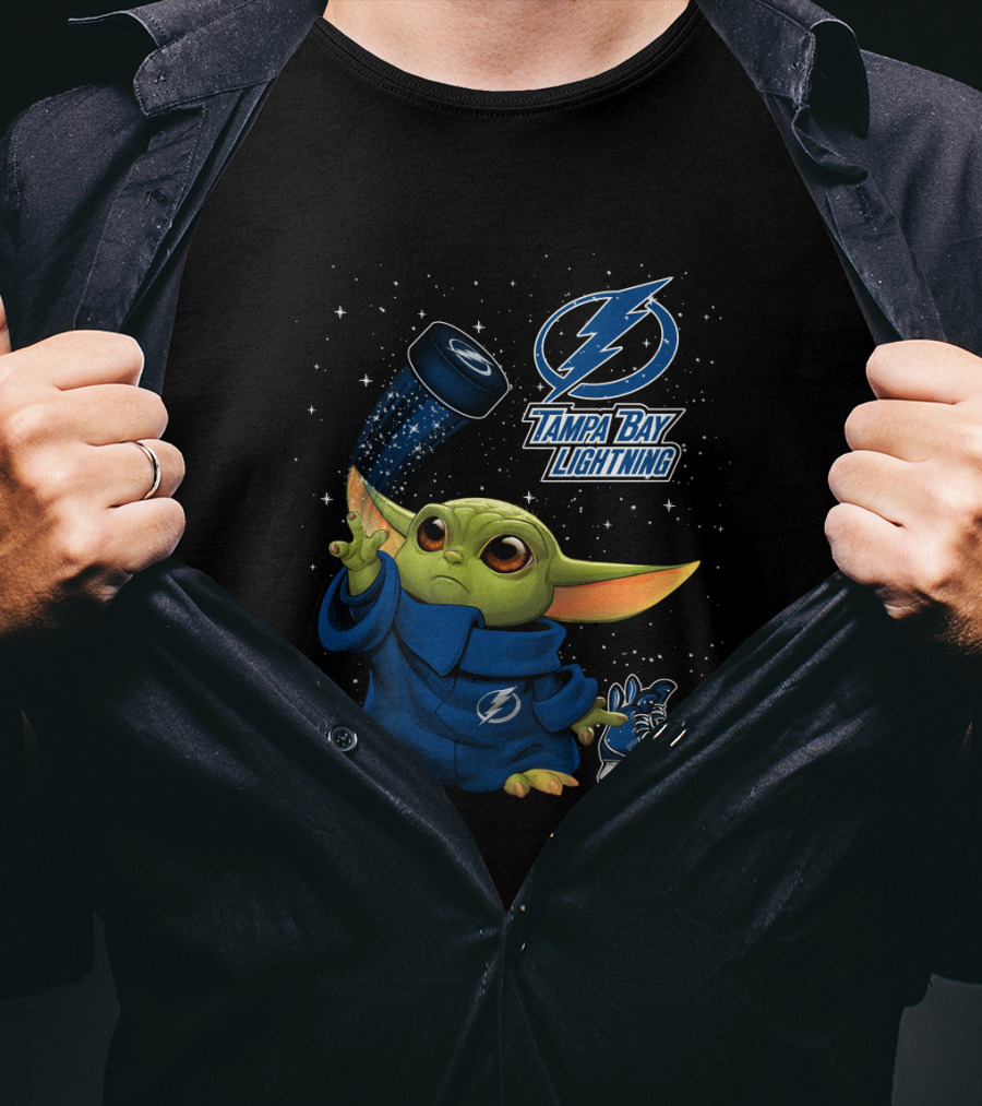 Baby Yoda Tampa Bay Lightning Hockey Fan Art Grogu Jedi Force Skating Puck T-Shirt