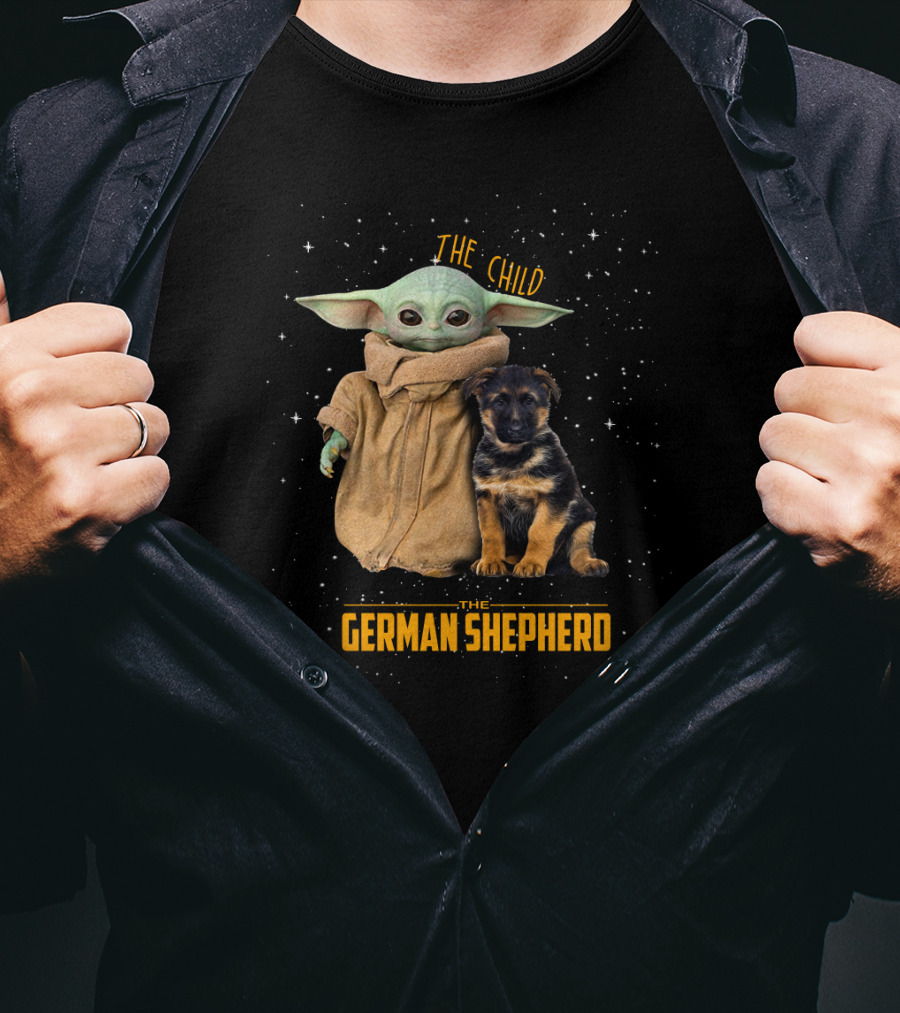 The Child Baby Yoda And German Shepherd Puppy T-Shirt