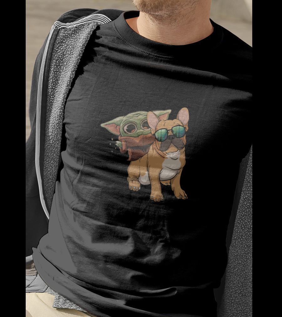 Bulldog Riding With Baby Alien In Sunglasses T-Shirt