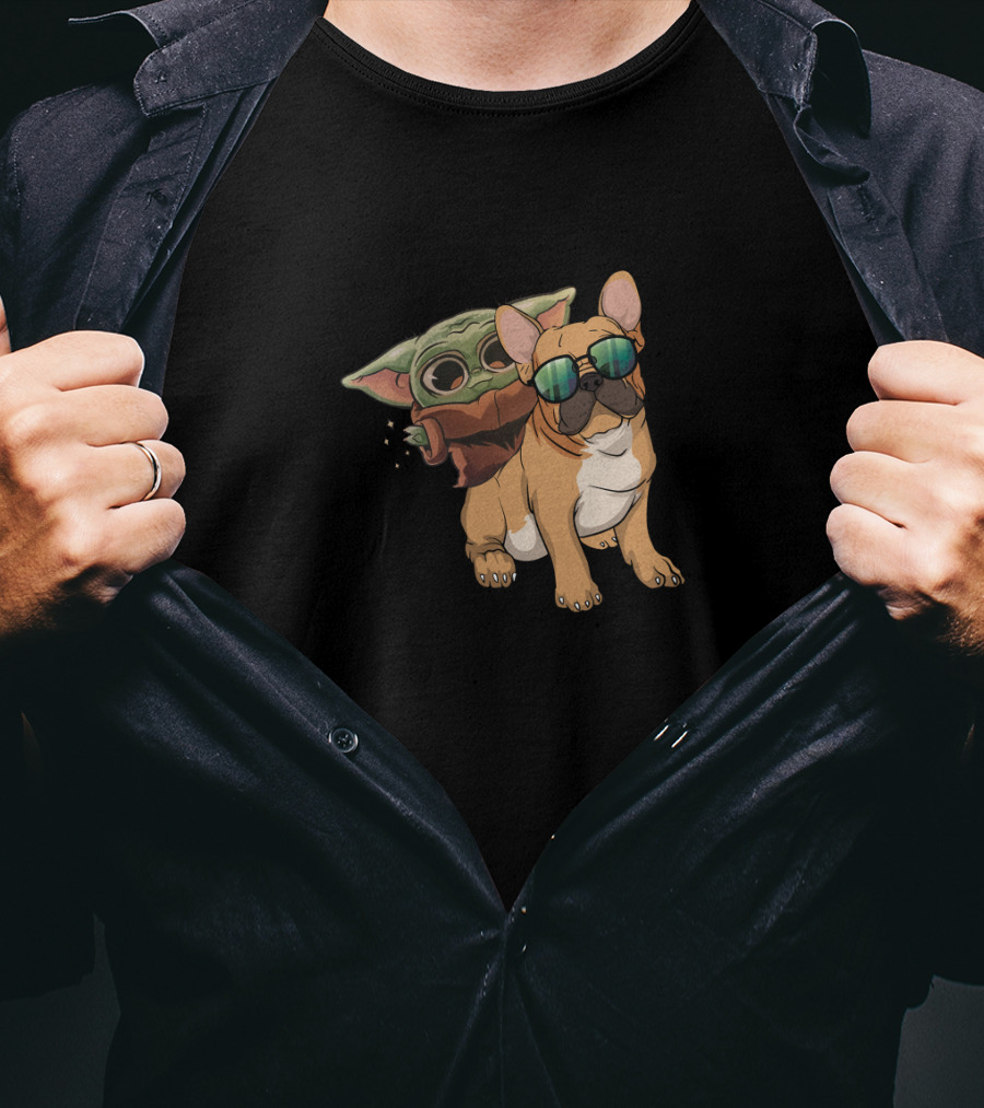 Bulldog Riding With Baby Alien In Sunglasses T-Shirt