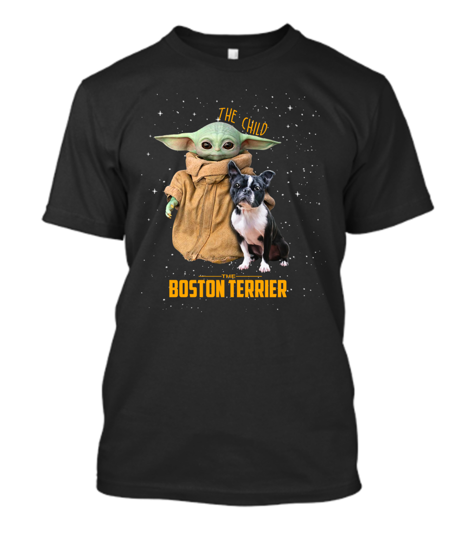 The Child Baby Yoda And Boston Terrier Duo In Space T-Shirt
